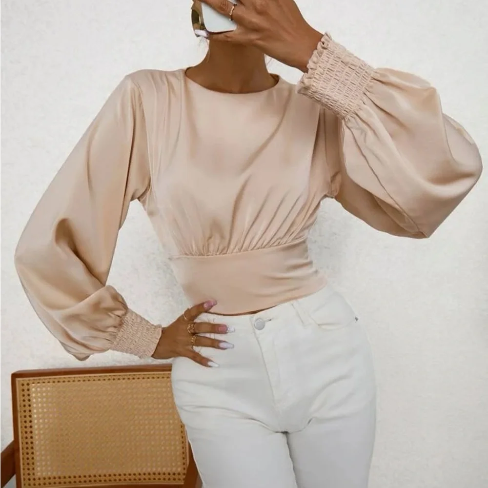 Boho apricot shirred open back crop top